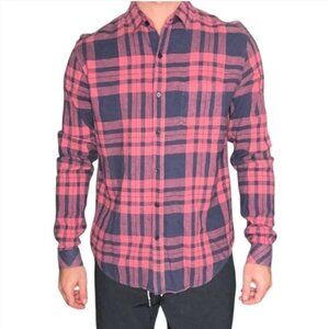 Rails Men’s Connor Plaid Linen Blend Button Down Shirt in Maroon Navy Plaid